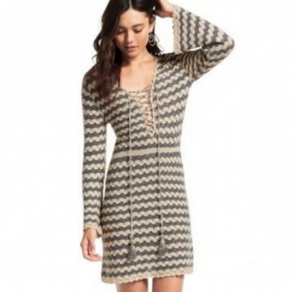 CALYPSO ST BARTH Rigma Cashmere Sweater Dress Women's XS Grey Chevron Boho Tunic - Picture 3 of 14